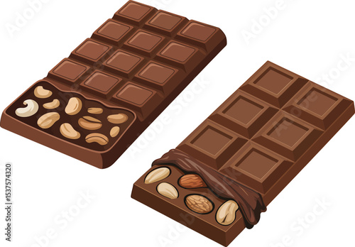 Delicious chocolate bars with cashews and almonds in a sweet tempting graphic illustration