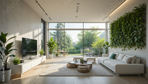 > Modern sustainable home interior with smart devices, vertical gardens, solar-powered furniture, clean minimalist design, bright and airy – perfect for home tech & sustainability themes