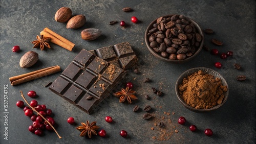 Fototapeta Naklejka Na Ścianę i Meble -  Close-up of delicious dark chocolate, coffee, and nuts with aromatic spices