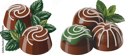 Delicious chocolate truffles and fresh mint leaves arranged on a clean white background