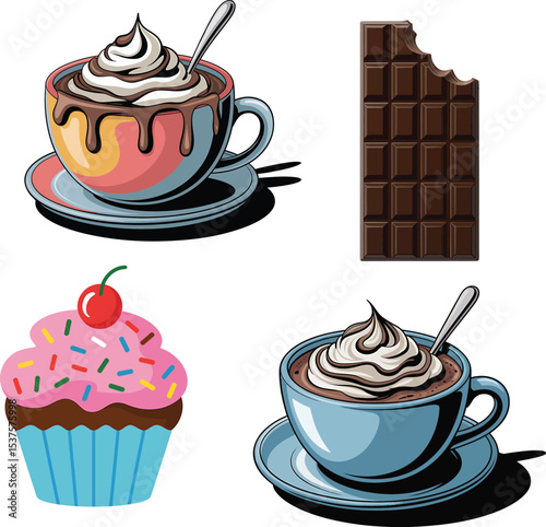 Delicious cupcakes and hot chocolate alongside a chocolate bar vector illustration