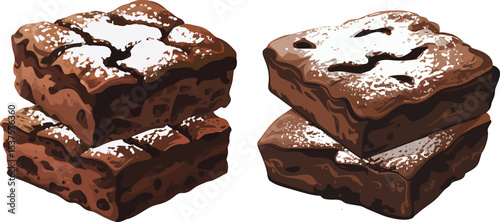 Delicious stacked brownies sprinkled with powdered sugar isolated on a white background
