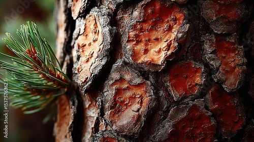   A photo of a pine tree's close-up bark, featuring a pine cone protruding from its center