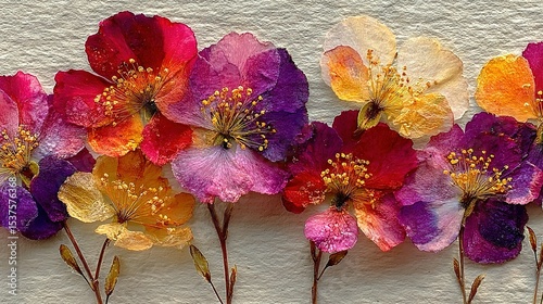  A bouquet of vibrant blooms adorns the edge of a pure white wall, alongside a vase brimming with red, yellow, and purple flora