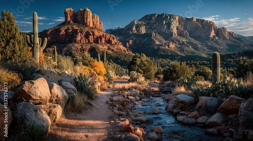   A stunning view of a mountain range with a river winding through it and cacti lining the foreground