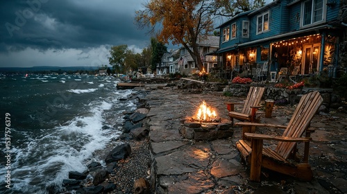   A pair of wooden chairs rest beside a roaring fire on a rocky beach beside a serene body of water