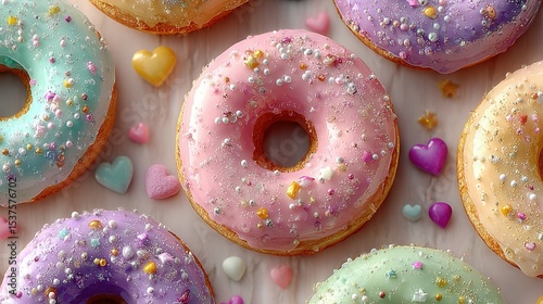  A diverse array of sprinkled doughnuts in heart shapes, adorned with various colors of frosting on a pristine white background