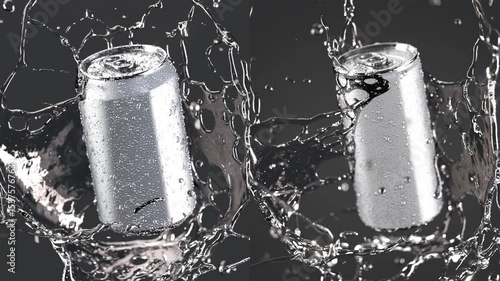 Soda can mockup falling drink splash slow motion, depth of field