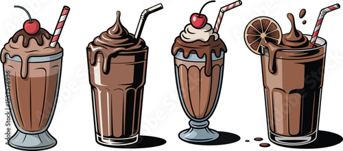 Four delicious chocolate milkshakes with various toppings and straws in a vector illustration
