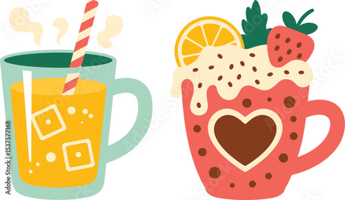 Two colorful cups filled with refreshing drinks and decorated with cute details