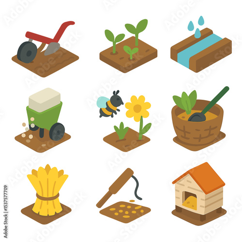 Agriculture Cycle Icons. Isometric Flat icon set of agricultural cycle stages: plow season, seedling sprouts, irrigation canal,