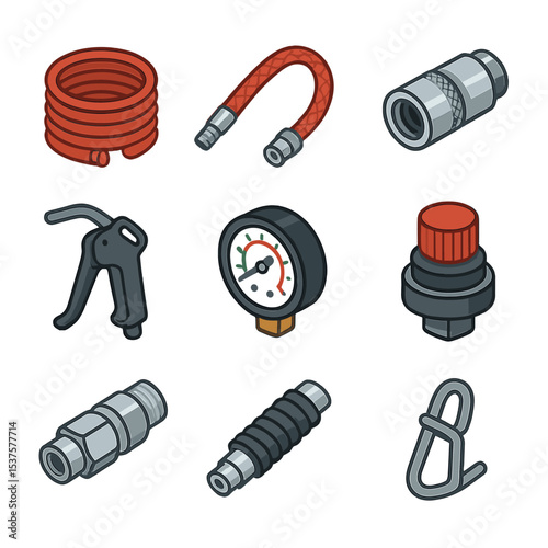 Air Compressor Icon Set. Isometric Flat icon set of Air compressor hose gear: coiled air hose, braided air hose, quick-disconnect