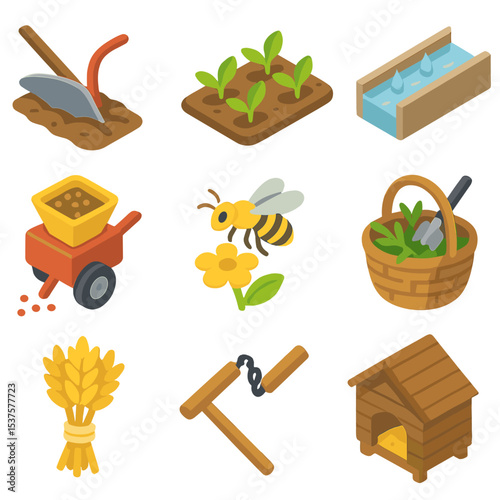 Agriculture Cycle Icons. Isometric Flat icon set of agricultural cycle stages: plow season, seedling sprouts, irrigation canal,