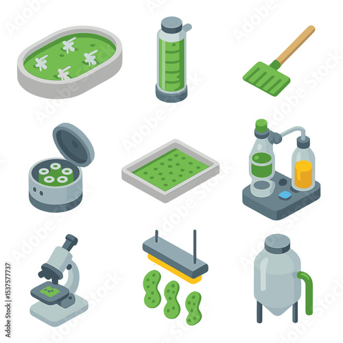 Algae Biofuel Icon Set. Isometric Flat icon set of Algae-based biofuel cultivation: algae pond, photobioreactor, harvesting rake,