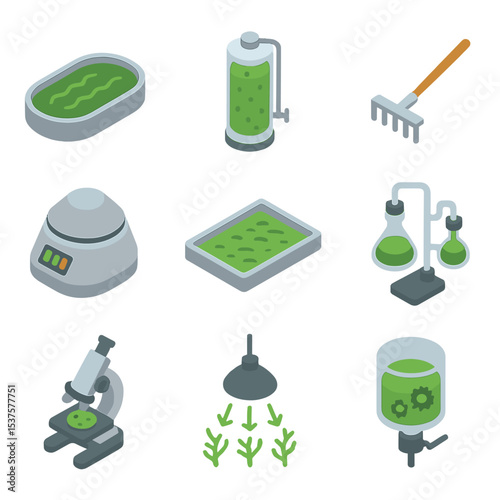Algae Biofuel Icon Set. Isometric Flat icon set of Algae-based biofuel cultivation: algae pond, photobioreactor, harvesting rake,