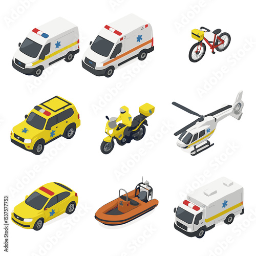 Ambulance Fleet Icons. Isometric Flat icon set of ambulance fleet: basic life support ambulance, advanced life support ambulance,