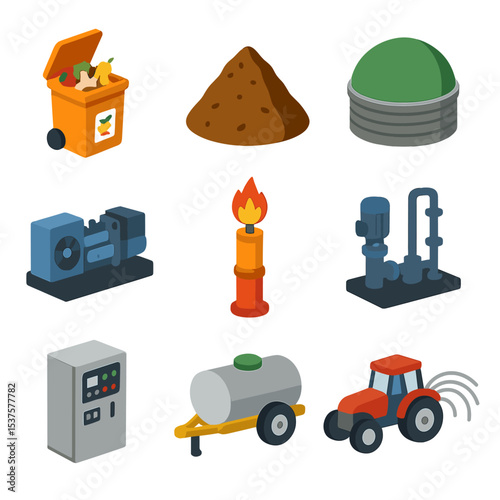Anaerobic Digestion Icons. Isometric Flat icon set of Anaerobic digestion for waste-to-energy: food waste bin, manure pile,
