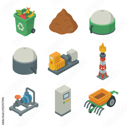 Anaerobic Digestion Icons. Isometric Flat icon set of Anaerobic digestion for waste-to-energy: food waste bin, manure pile,