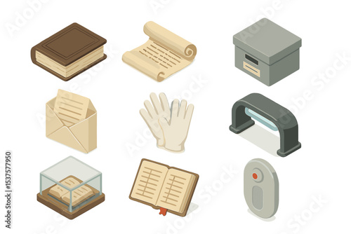 Archival Collection Icons. Isometric Flat icon set of Rare and archival collections: leather-bound tome, manuscript scroll,