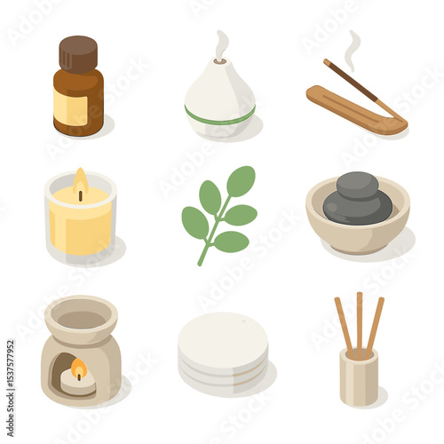Aromatherapy Icon Set. Isometric Flat icon set of Aromatherapy session: essential oil bottle, diffuser, incense stick, aroma
