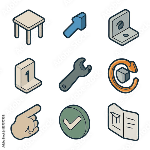 Assembly Icon Grid. Isometric Flat icon set of Assembly Instruction Graphics: exploded view, arrow pointer, part diagram, step