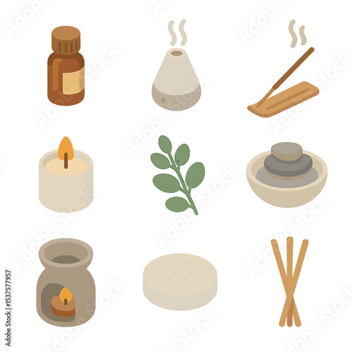 Aromatherapy Icon Set. Isometric Flat icon set of Aromatherapy session: essential oil bottle, diffuser, incense stick, aroma