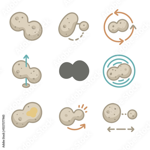 Asteroid Icon Collection. Isometric Flat icon set of binary and contact asteroids: dual-lobed shape, parent-satellite pair, mutual