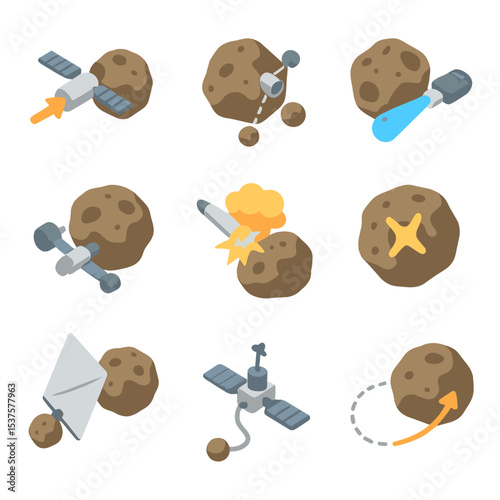 Asteroid Deflection Icons. Isometric Flat icon set of asteroid deflection technologies: kinetic impactor, gravity tractor, ion