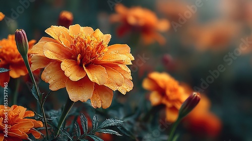   A macro shot of a group of blooms featuring water droplets on their petals, with an indistinct orange backdrop