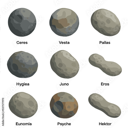 Asteroid Belt Icons. Isometric Flat icon set of asteroid belt objects: Ceres dwarf planet, Vesta protoplanet, Pallas minor planet,