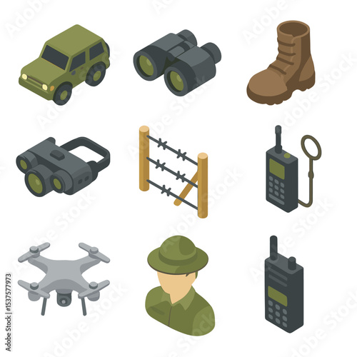 Anti-Poaching Patrol Icons. Isometric Flat icon set of Anti-poaching patrol operations: ranger vehicle, binoculars, patrol boot,