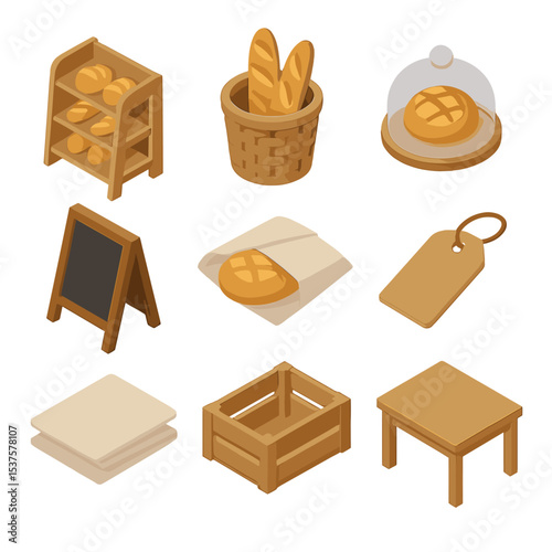 Bakery Icon Set. Isometric Flat icon set of bakery display and service: wooden bread shelf, wicker basket, glass dome cover,