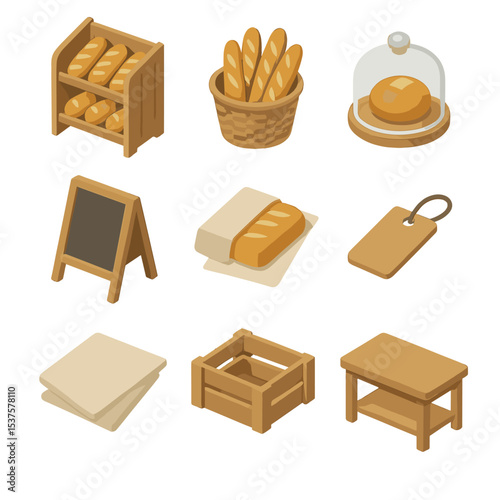 Bakery Icon Set. Isometric Flat icon set of bakery display and service: wooden bread shelf, wicker basket, glass dome cover,