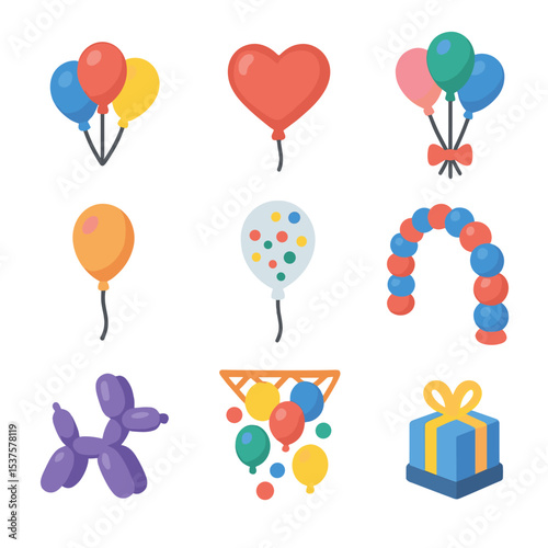 Isometric Balloon Icons. Isometric Flat icon set of party balloons: latex balloon cluster, mylar balloon heart, balloon bouquet,