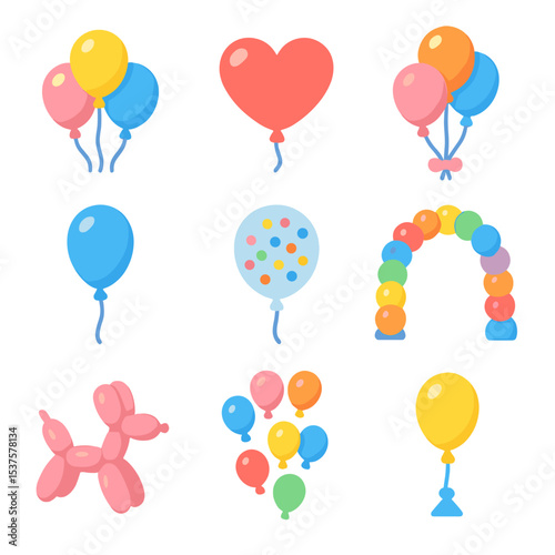 Isometric Balloon Icons. Isometric Flat icon set of party balloons: latex balloon cluster, mylar balloon heart, balloon bouquet,