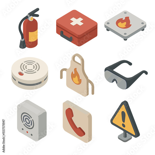 Barbecue Safety Essentials. Isometric Flat icon set of barbecue safety essentials: fire extinguisher, first aid kit, heat shield