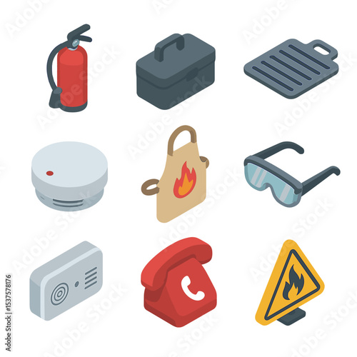 Barbecue Safety Essentials. Isometric Flat icon set of barbecue safety essentials: fire extinguisher, first aid kit, heat shield