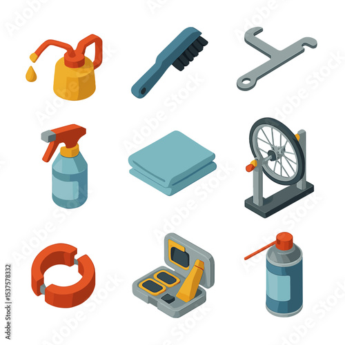 Bike Maintenance Icons. Isometric Flat icon set of bike maintenance routine: oil can, cleaning brush, chain tension gauge,