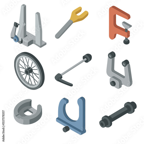 Bicycle Wheel Tools. Isometric Flat icon set of Wheel truing and alignment: truing stand, spoke wrench, spoke tension gauge,