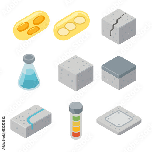 Bio-Concrete Icon Set. Isometric Flat icon set of self-healing bio-concrete components: bacterial spores capsule, nutrient capsule