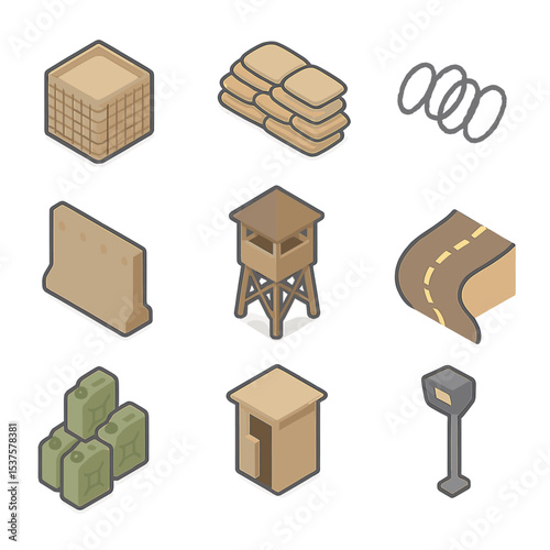 Base Defense Icon Set. Isometric Flat icon set of forward operating base defenses: Hesco barrier, sandbag wall, concertina wire,