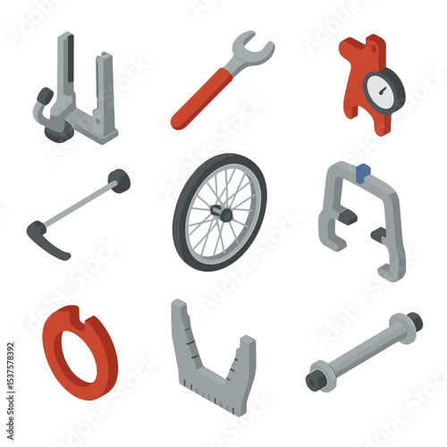 Bicycle Wheel Tools. Isometric Flat icon set of Wheel truing and alignment: truing stand, spoke wrench, spoke tension gauge,