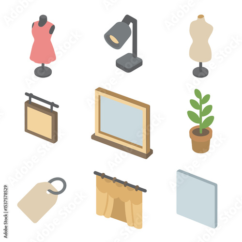 Boutique Icon Set. Isometric Flat icon set of Boutique window display: mannequin, spotlight, dress form, window frame, signage
