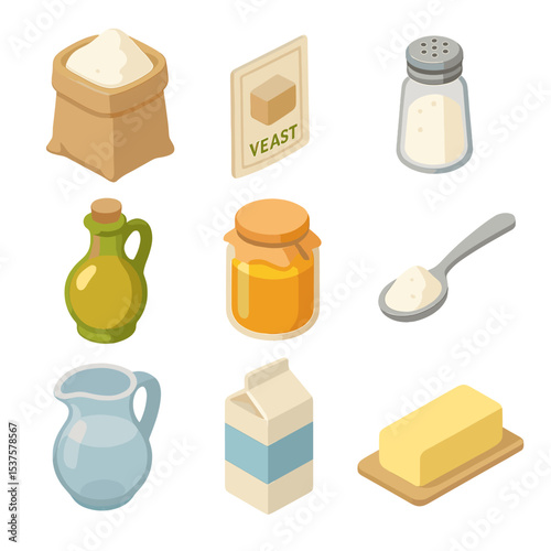 Bread Baking Ingredients. Isometric Flat icon set of bread baking ingredients: flour sack, yeast packet, salt shaker, olive oil