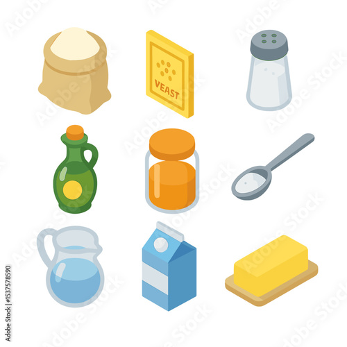 Bread Baking Ingredients. Isometric Flat icon set of bread baking ingredients: flour sack, yeast packet, salt shaker, olive oil