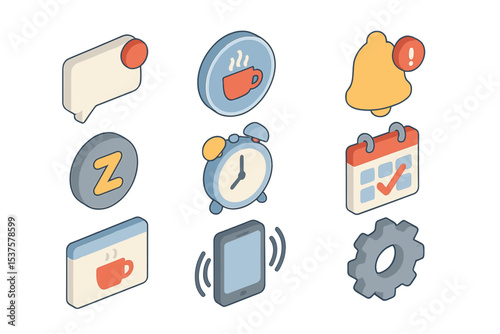 Break Reminder Icons. Isometric Flat icon set of Break reminder notifications: push notification, reminder badge, bell icon,