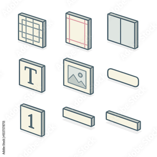 Isometric Catalog Icon Set. Isometric Flat icon set of catalog layout elements: grid system, margin guides, gutter space,
