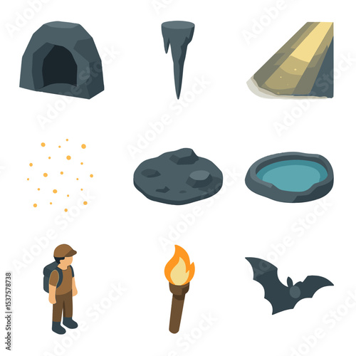 Cave Icons Collection. Isometric Flat icon set of sun rays penetrating cave entrance: cave mouth, stalactite silhouette, sunbeam,