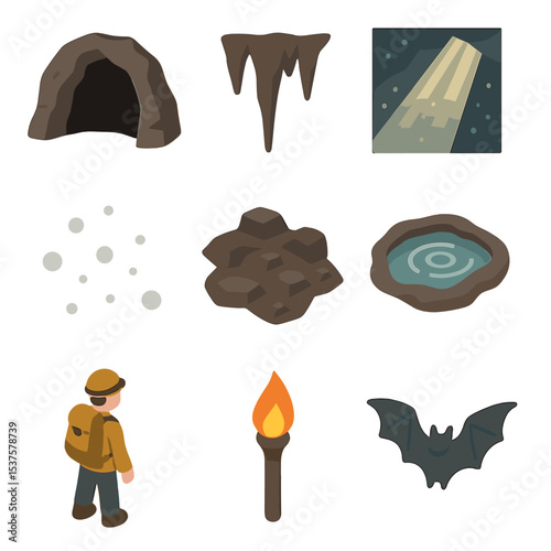 Cave Icons Collection. Isometric Flat icon set of sun rays penetrating cave entrance: cave mouth, stalactite silhouette, sunbeam,