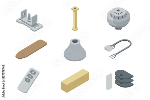 Ceiling Fan Icon Set. Isometric Flat icon set of ceiling fan installation: mounting bracket, downrod, motor housing, fan blade,